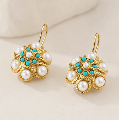 Vintage Turquoise & Pearl Medallion Earrings