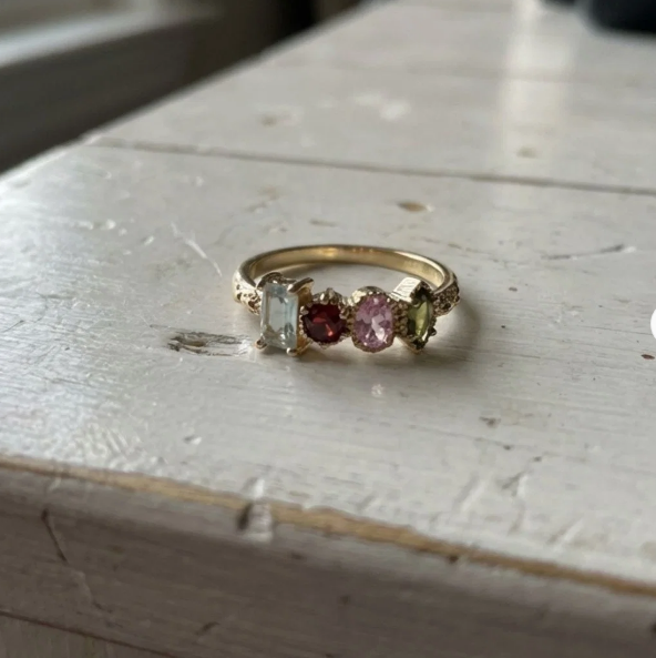Vintage Multi Gemstone Gold Plated Floral Ring
