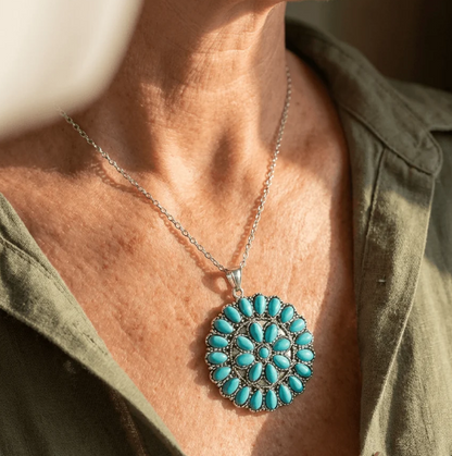 Vintage Round Turquoise Cluster Pendant Necklace