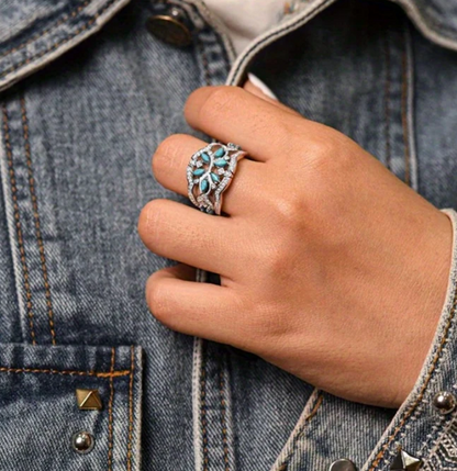 Vintage Boho Turquoise Flowers Vines Ring