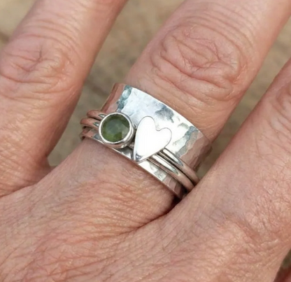 Vintage Heart & Green Stone Silver Artisan Ring