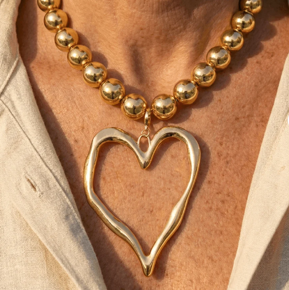 Vintage Gold Beaded Open Heart Pendant Necklace