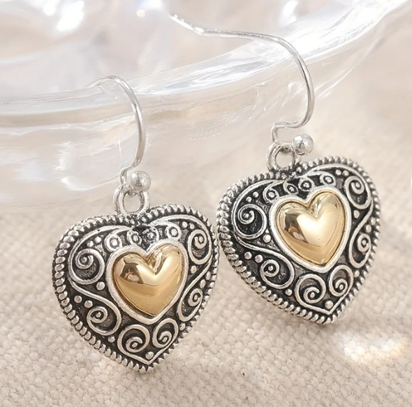 Vintage Heart-Shaped Filigree Drop Earrings