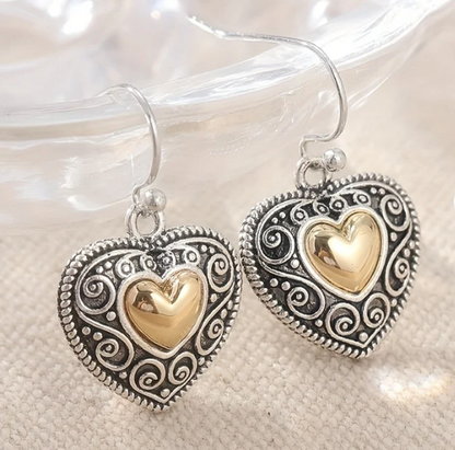 Vintage Heart-Shaped Filigree Drop Earrings