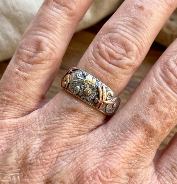 Vintage Mixed Metal Design Sunflower Dragonfly Ring