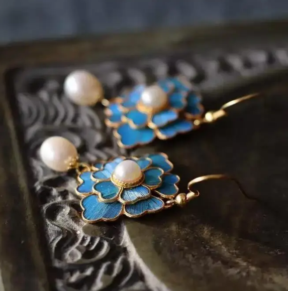 Vintage Blue Enamel Flower Pearl Drop Earrings