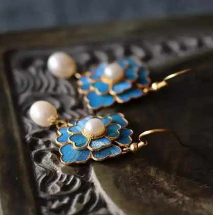 Vintage Blue Enamel Flower Pearl Drop Earrings