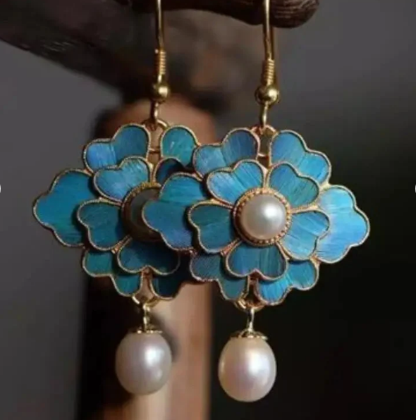 Vintage Blue Enamel Flower Pearl Drop Earrings