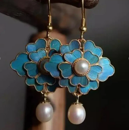 Vintage Blue Enamel Flower Pearl Drop Earrings