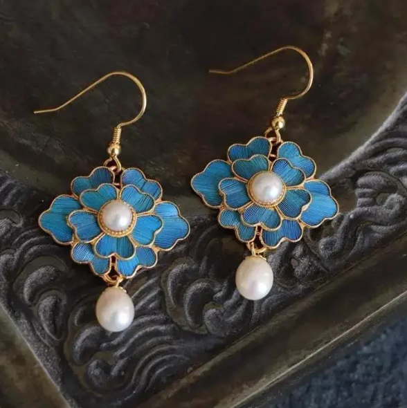 Vintage Blue Enamel Flower Pearl Drop Earrings