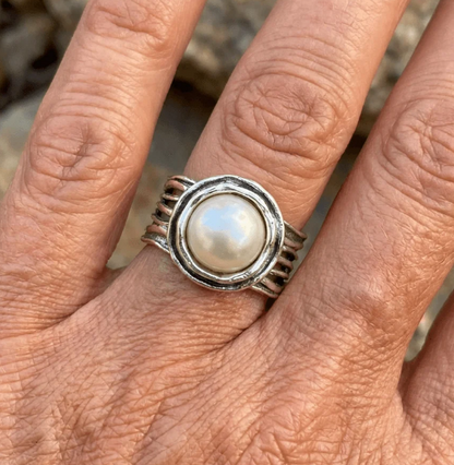 Bohemian Style Vintage Silver Plated Faux Pearl Ring