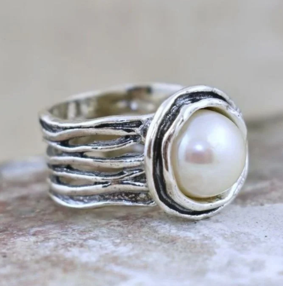 Bohemian Style Vintage Silver Plated Faux Pearl Ring