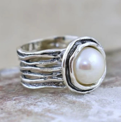 Bohemian Style Vintage Silver Plated Faux Pearl Ring