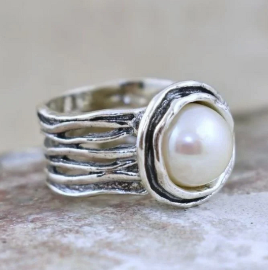 Bohemian Style Vintage Silver Plated Faux Pearl Ring