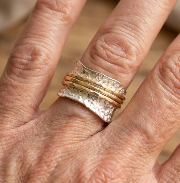 Vintage Textured Silver & Gold Band Artisan Ring