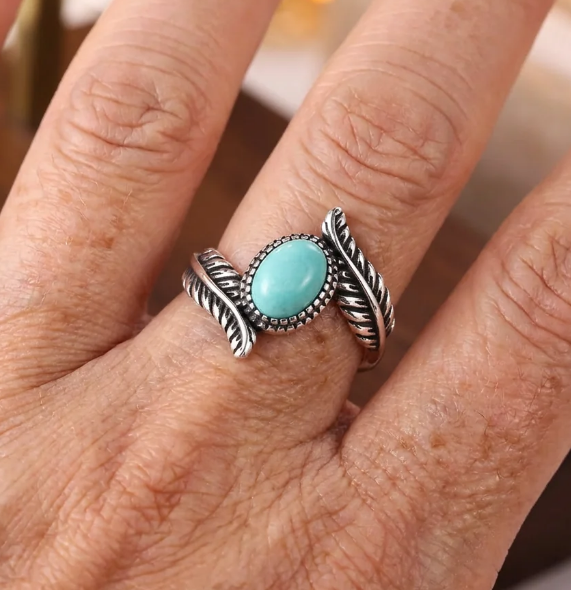Vintage Leaf Turquoise Sterling Silver Ring