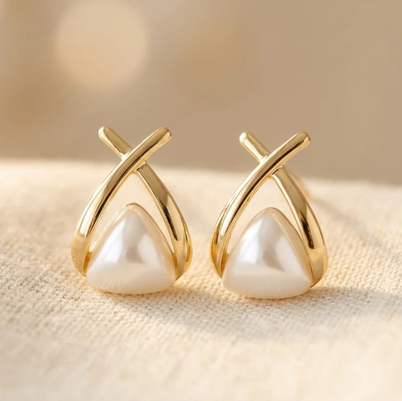 Vintage Cross Triangle Pearl Dropping Earrings