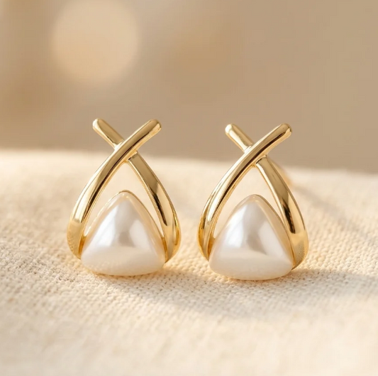 Vintage Cross Triangle Pearl Dropping Earrings