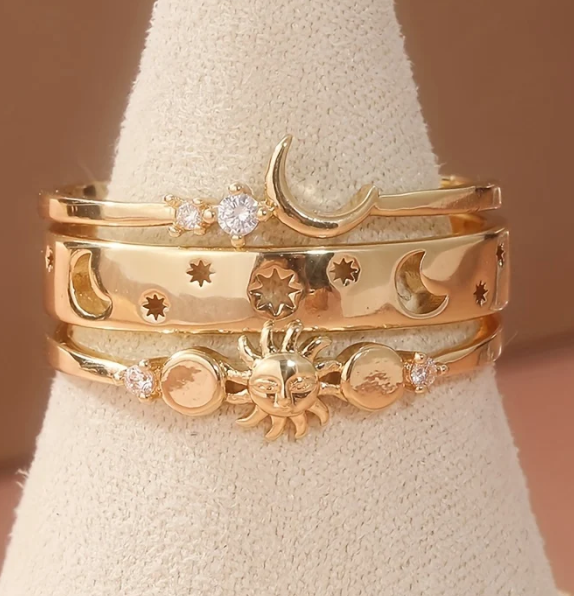 Vintage Style Half Moon Inlaid Zirconia Stackable Ring Set