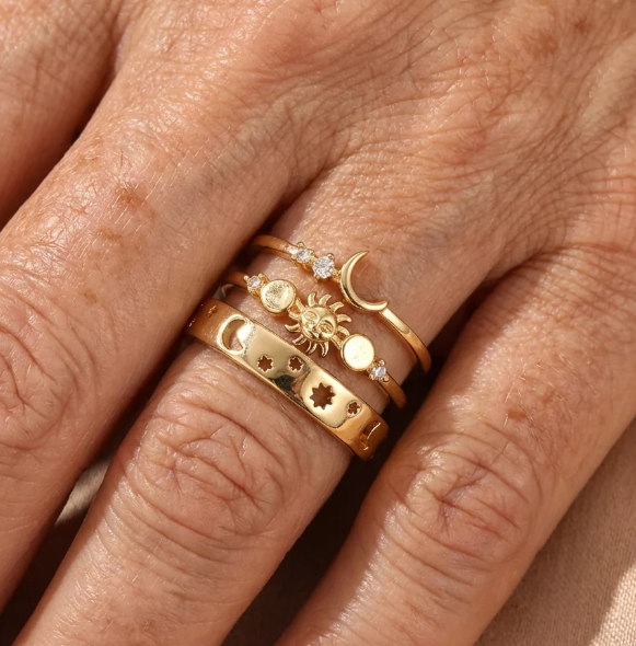 Vintage Style Half Moon Inlaid Zirconia Stackable Ring Set