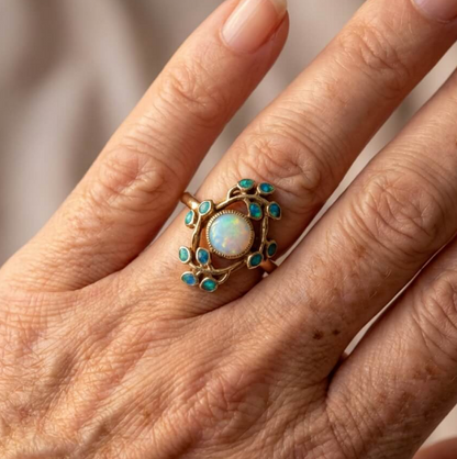 Vintage Floral Design Opal & Blue Crystal Gold Ring