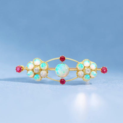 Golden Round Cut Opal & Ruby Brooch