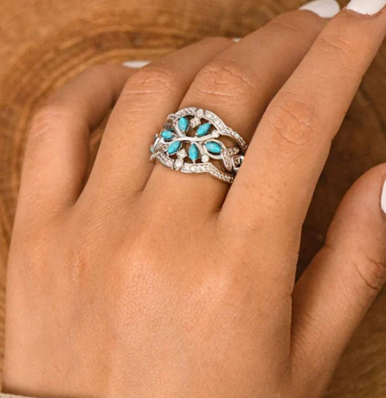 Vintage Boho Turquoise Flowers Vines Ring