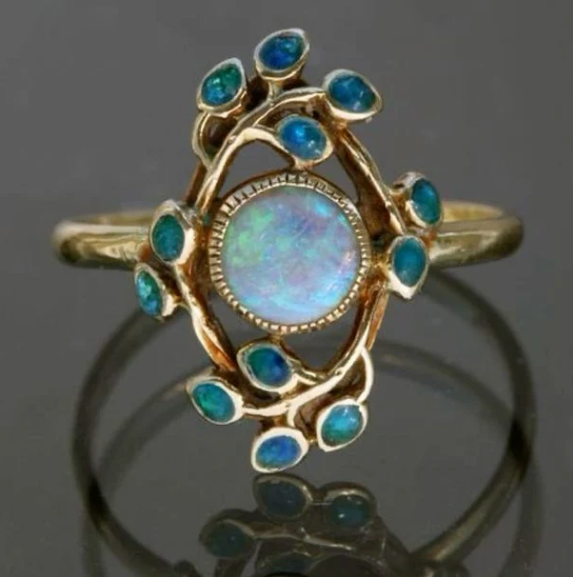 Vintage Floral Design Opal & Blue Crystal Gold Ring