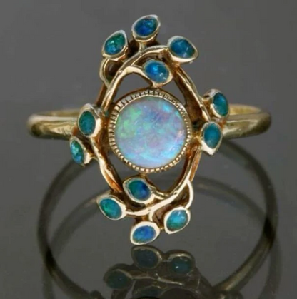 Vintage Floral Design Opal & Blue Crystal Gold Ring
