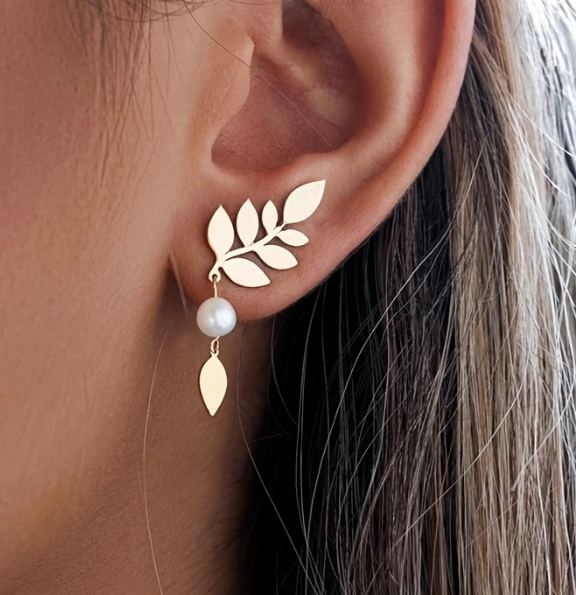 Vintage Elegant Gold Leaf & Pearl Drop Earrings