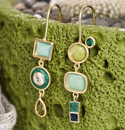 Vintage Geometric Green Stone Gold Drop Earrings