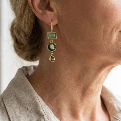 Vintage Geometric Green Stone Gold Drop Earrings
