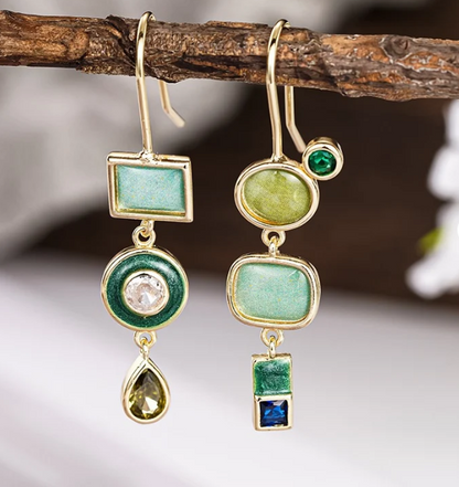 Vintage Geometric Green Stone Gold Drop Earrings