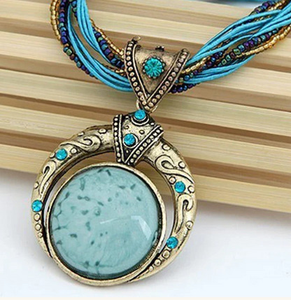 Vintage Green Crystal Ethnic Pendant Necklace