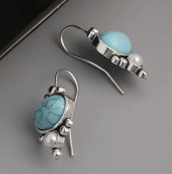 Vintage Silver Plated Turquoise & Pearl Drop Earrings