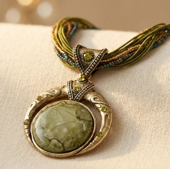 Vintage Green Crystal Ethnic Pendant Necklace