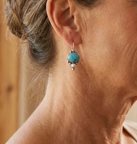 Vintage Silver Plated Turquoise & Pearl Drop Earrings