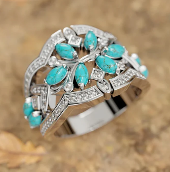 Vintage Boho Turquoise Flowers Vines Ring