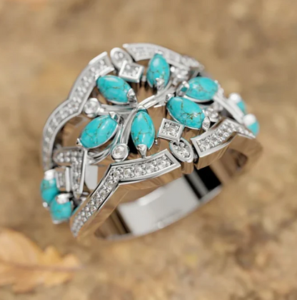Vintage Boho Turquoise Flowers Vines Ring