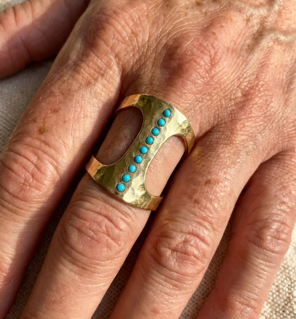Vintage Handcrafted Turquoise Dot Cuff Ring