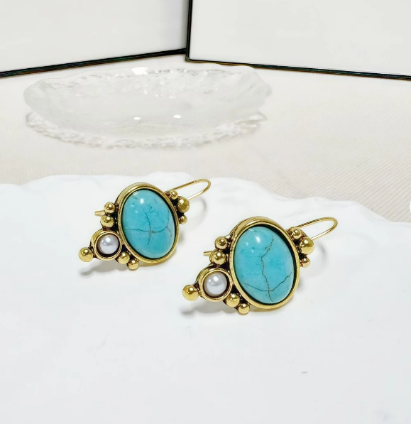 Vintage Silver Plated Turquoise & Pearl Drop Earrings