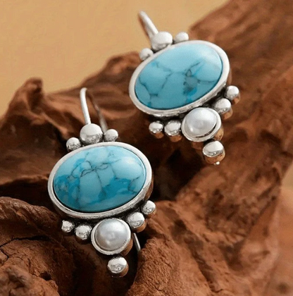 Vintage Silver Plated Turquoise & Pearl Drop Earrings