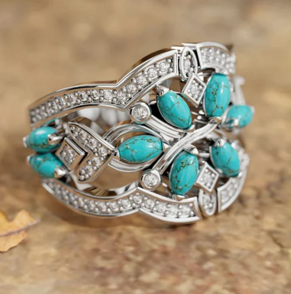 Vintage Boho Turquoise Flowers Vines Ring