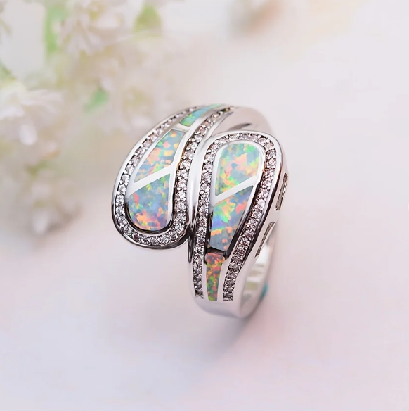 Vintage Bohemian White Opal Stone Silver Plated Ring
