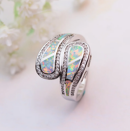 Vintage Bohemian White Opal Stone Silver Plated Ring