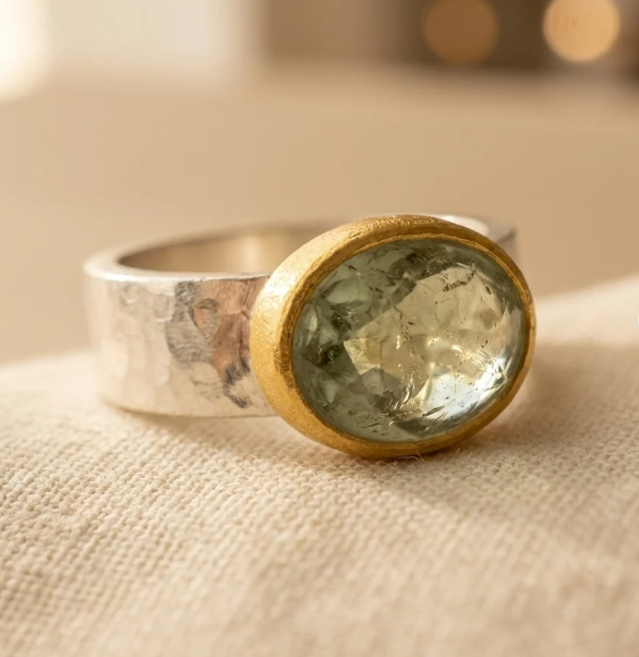 Vintage Emerald Green Hammered Silver Gold Ring