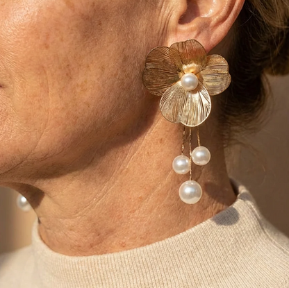 Vintage Gold Flower Pearl Drop Earrings