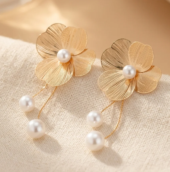 Vintage Gold Flower Pearl Drop Earrings