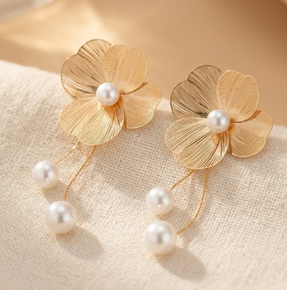 Vintage Gold Flower Pearl Drop Earrings