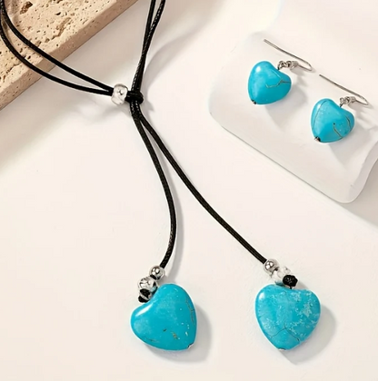 Vintage Bohemian Style Turquoise Heart Necklace and Earring Set